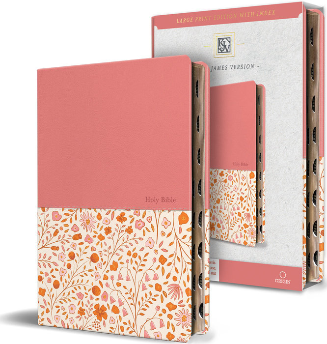 KJV Holy Bible, Large Print Handy Size format, 2 Piece Pink Floral Leathersoft with Ribbon Marker, Red Letter, Thumb Index