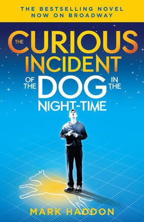 book cover for curious incident of the dog.  illustration of man standing in a spotlight