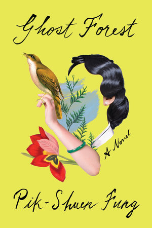 The cover of Ghost Forest showing a faceless woman with twigs, a hand holding a bird, and a red flower over the face on a yellow background