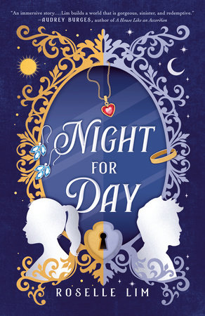 The book cover of Night for Day by Roselle Lim. Features the silhouette of a man and a woman's head, a heart shaped locket, and a keyhole.