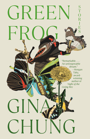 The cover of Green Frog featuring a silhouette of a frog and several butterflies on its feet. Within the silhouette are illustrations of a dandelion and butterfly wing patterns.